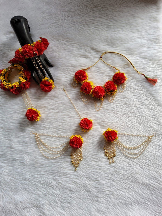 Red and yellow blossom haldi jewellery - Saubhagyavati.in
