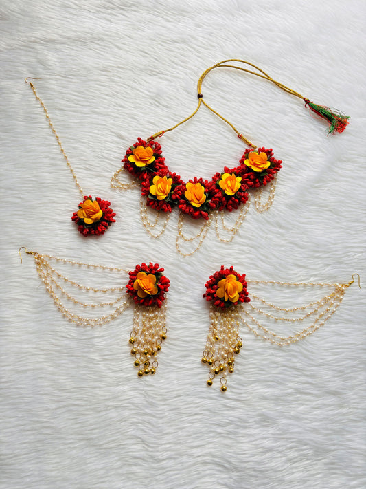 Red or yellow stunning flowers jewellery for haldi - Saubhagyavati.in