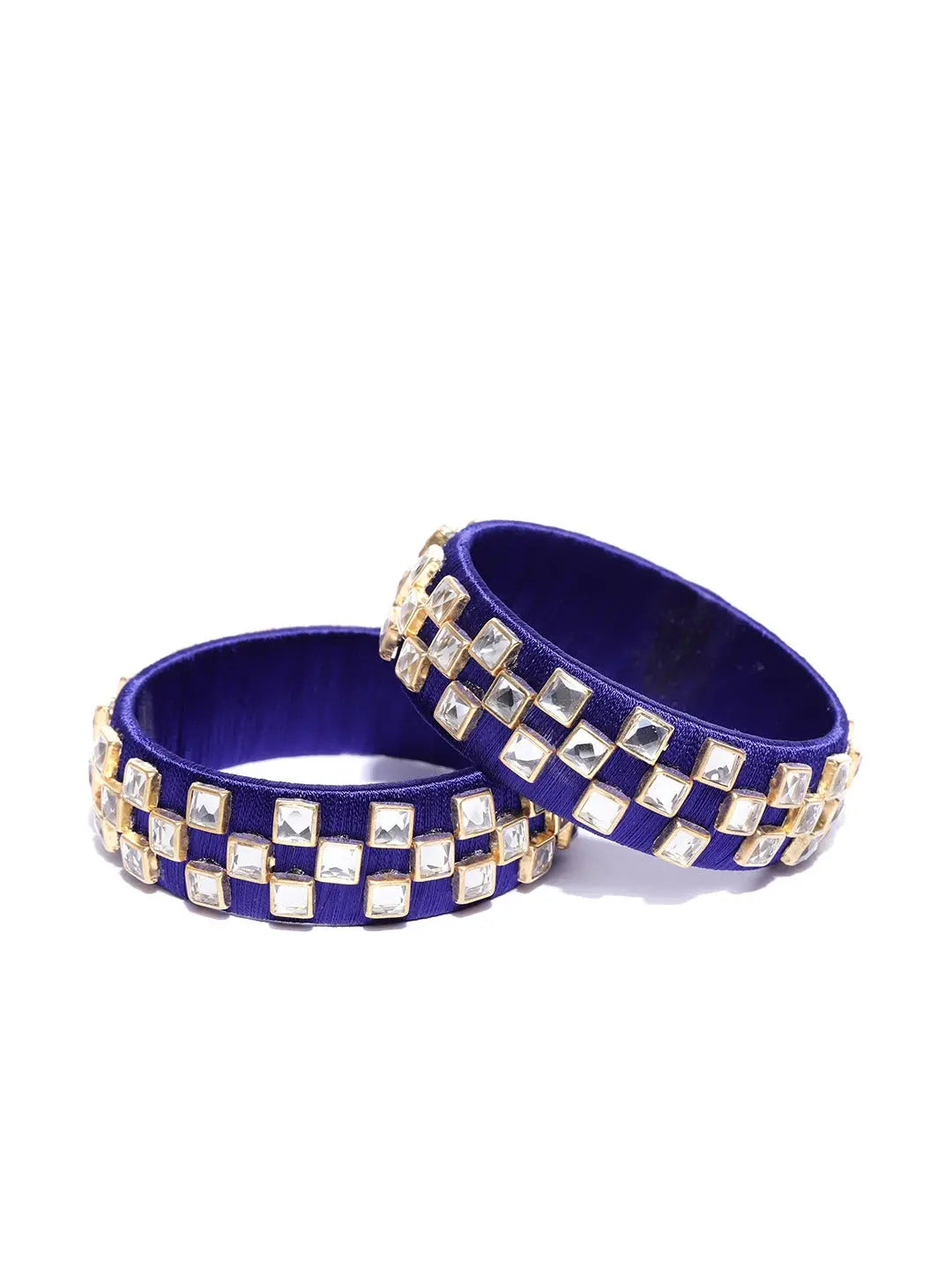 Set of 2 Navy Blue handcrafted silk thread bangles with kundan work