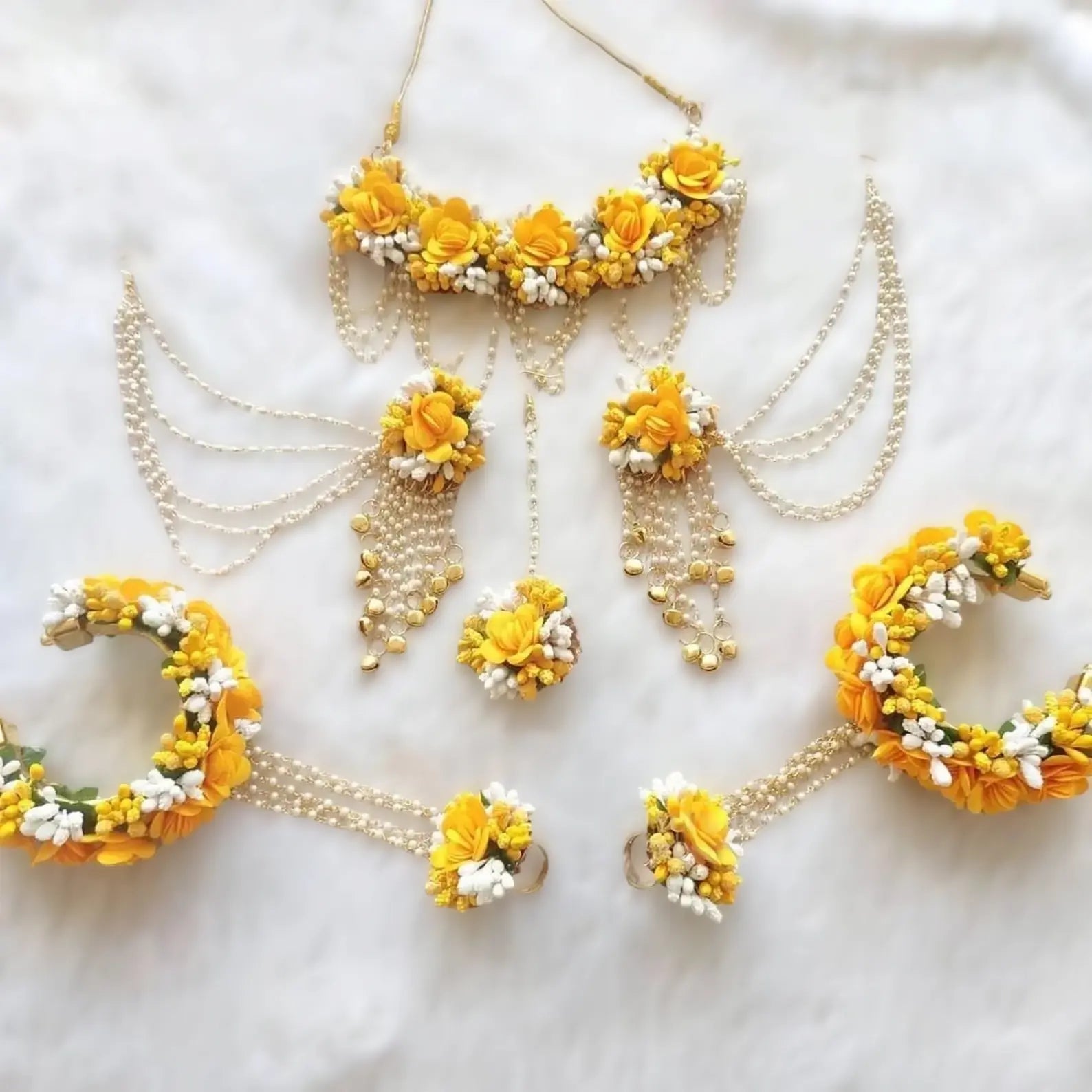 Stunning Yellow and White Artificial Flower Jewelry Set for Haldi and Mehendi
