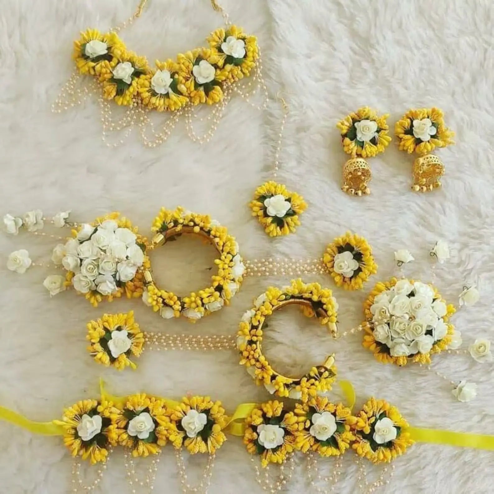 White Yellow Flower Jewellery for Haldi, Mehndi, Bridal and