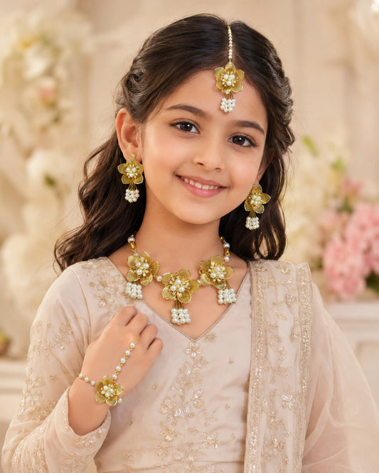 Yellow acrylic floral jewellery set for kids with pearl details - SKU FJ-05-2388