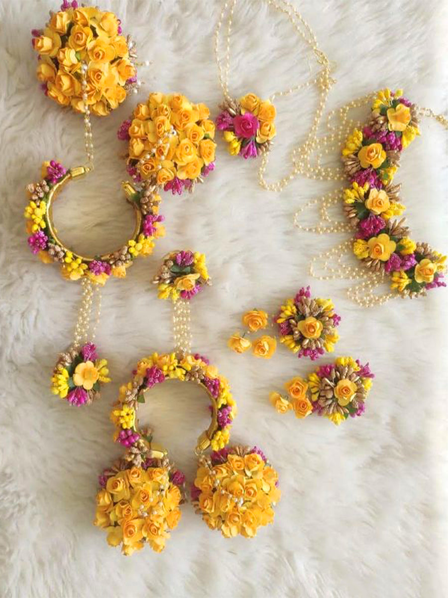 Yellow pink floral jewellery set with bangle kalire