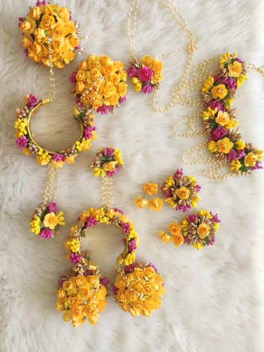 Yellow pink floral jewellery set with bangle kalire