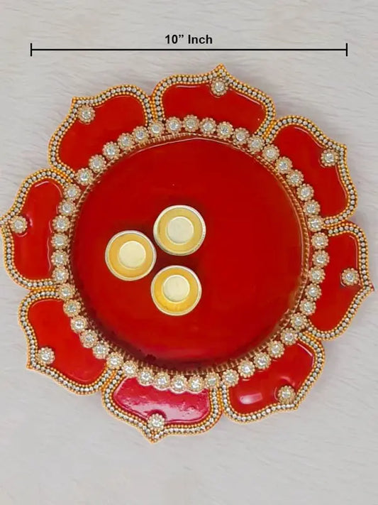 10" inch Red Decorative Wooden Pooja Thali