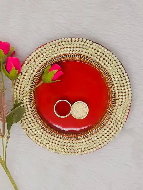 10" inch Round Wooden Pooja Thali with Pearl Work