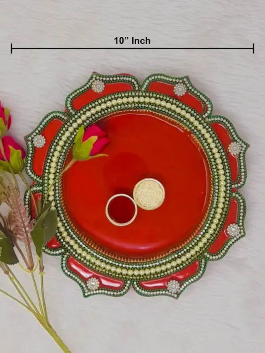 10" inch Decorative Wooden Pooja Thali with Green Border - Saubhagyavati.in