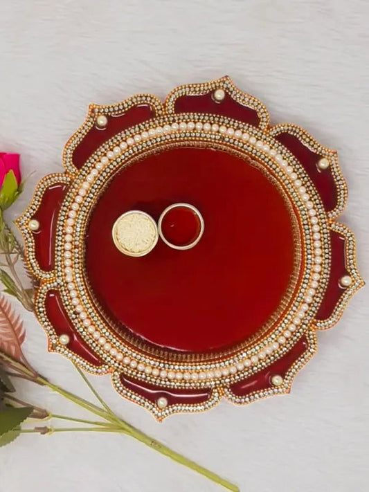 10" inch Maroon Decorative Wooden Pooja Thali - Saubhagyavati.in