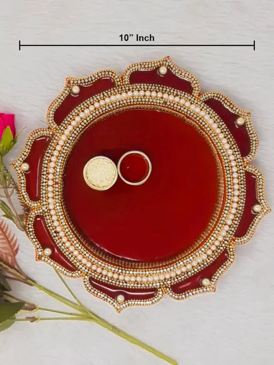 10" inch Maroon Decorative Wooden Pooja Thali - Saubhagyavati.in