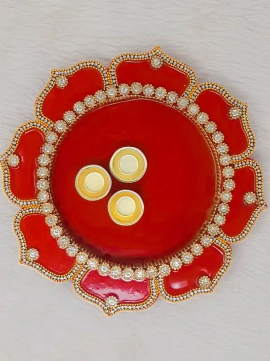 10" inch Red Decorative Wooden Pooja Thali - Saubhagyavati.in