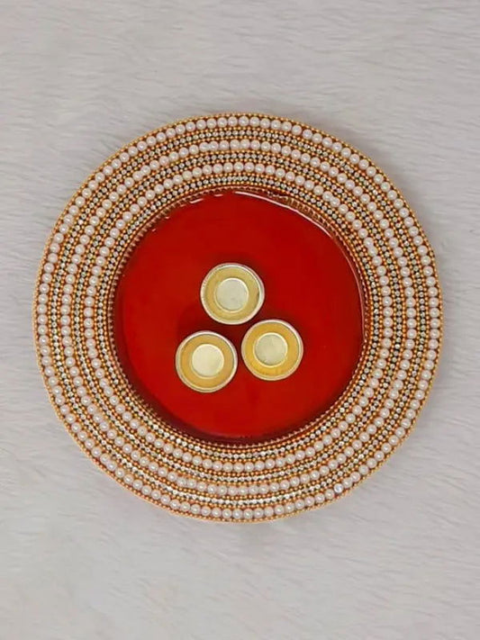 10" inch Round Pearl Decorative Wooden Pooja Thali - Saubhagyavati.in