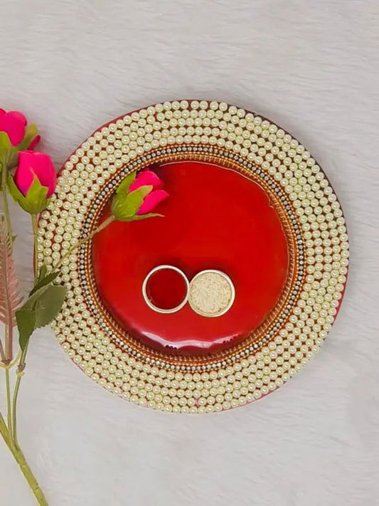 10" inch Round Wooden Pooja Thali with Pearl Work - Saubhagyavati.in
