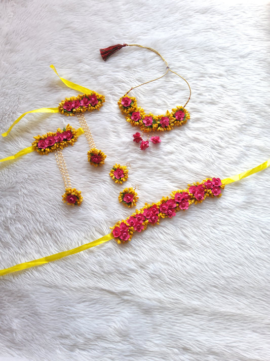 Haldi Flower Jewelry: Yellow & Pink Set with Matha Patti