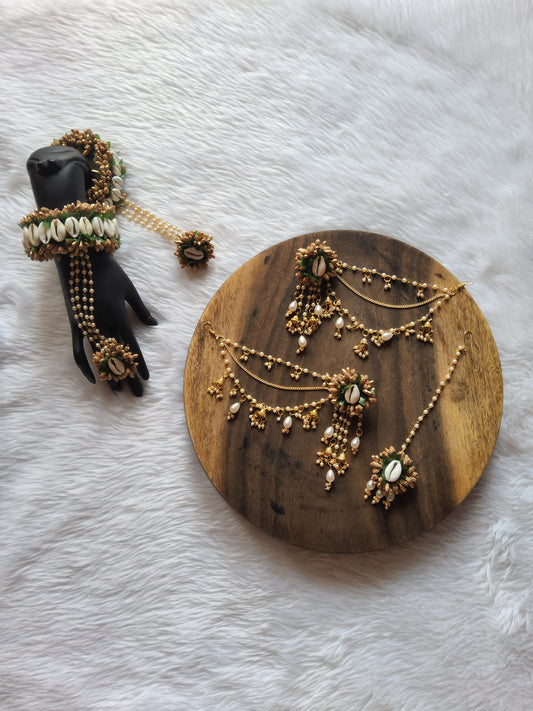 Buy Shell Jewellery with Bahubali Earrings and Bracelet for Haldi, mehndi Saubhagyavati.in