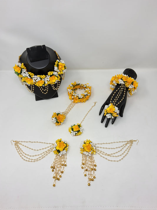 Stunning Yellow and White Artificial Flower Jewelry Set for Haldi and Mehendi