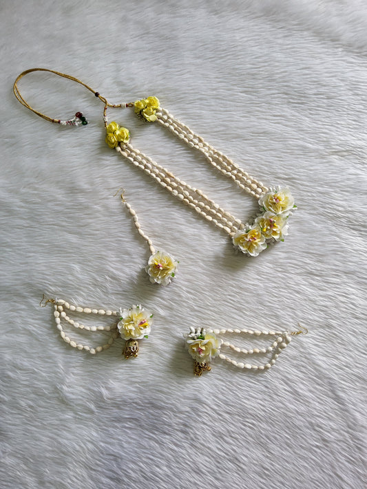 Yellow Floral Beaded Jewellery Set – Mogra-Inspired