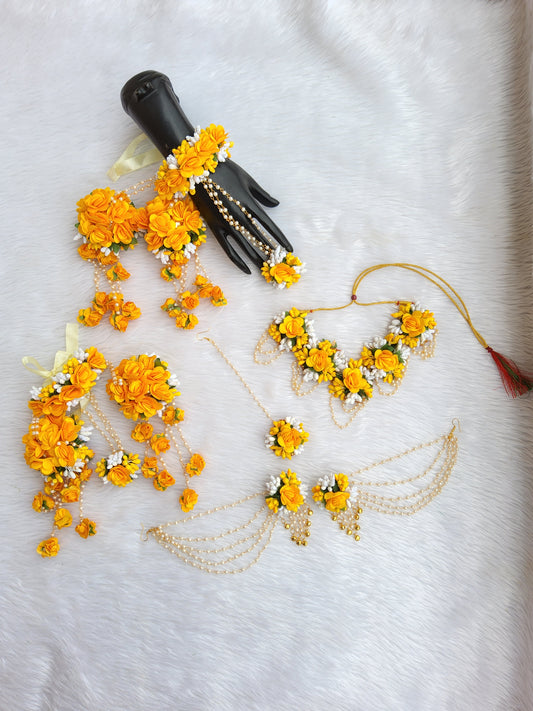 Yellow Stunning Floral Jewellery Set With Kaleera | Haldi & Festive Wear