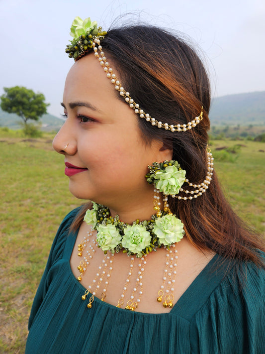 Pista Green Floral Haldi Jewellery Set with Necklace, Choker, Earrings & Hathphool