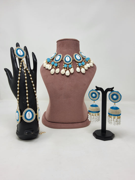 Beaded Shell Jewellery Set For Haldi, Mehendi with Necklace, Earrings & Hathphool