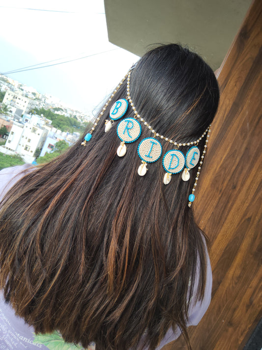 Blue Beaded "BRIDE" Hair Accessory with Shell & Pearl Detailing