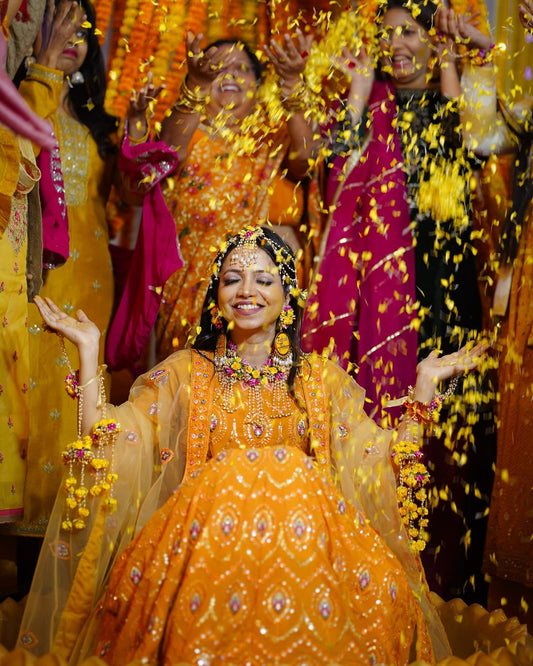 Embrace the Radiance: Yellow Flower Jewelry for Haldi with Customizable Acrylic Earrings
