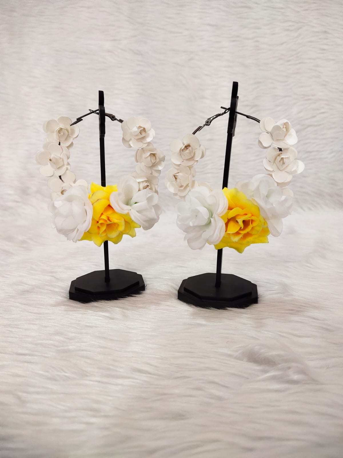 White yellow big chandbali flowers earrings