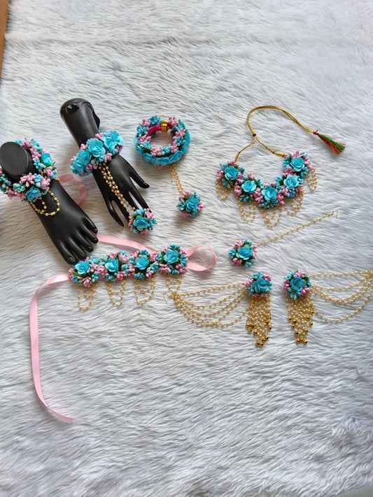 Sky blue with pink blush flowers jewellery for haldi or baby shower