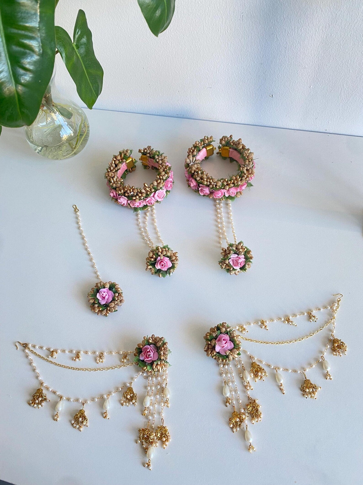 Haldi Mehndi Flower Jewellery Set with Bahubali Earrings floral jewellery for haldi