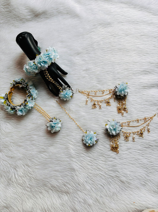 Bahubali earrings with sky blue flowers floral jewellery - Saubhagyavati.in