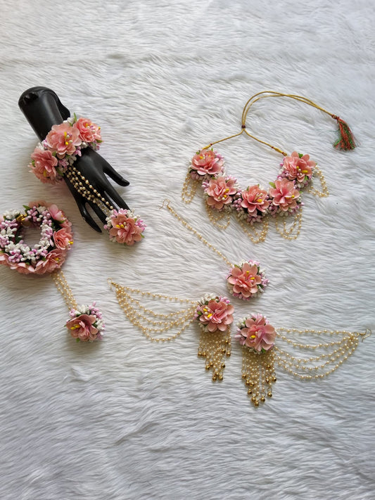 Beautiful Peach Flower Jewellery Set for Haldi and Mehndi - Saubhagyavati.in
