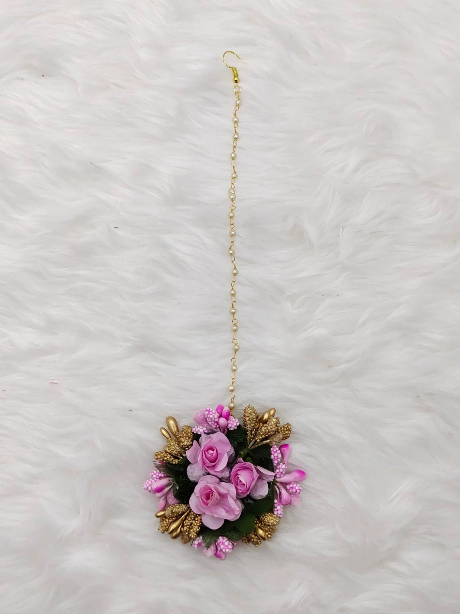 Beautiful pink and golden flower maang tikka - Saubhagyavati.in
