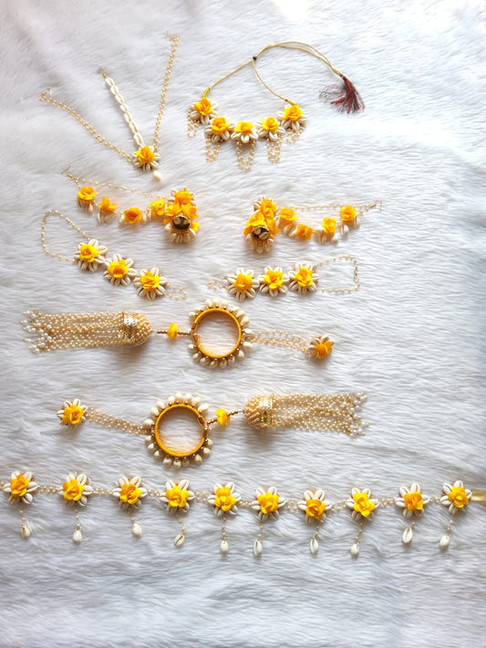Best Shell Flower Jewellery for Haldi and Baby Shower in Yellow - Saubhagyavati.in