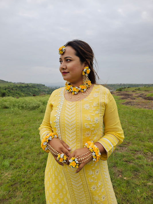 Best Yellow Flower Jewellery Set For Haldi - Saubhagyavati.in