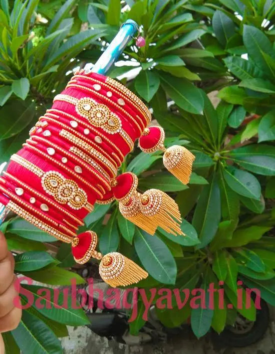 Bridal Red and Gold Silk Thread Hanging  and Latkan Bangles Saubhagyavati.in