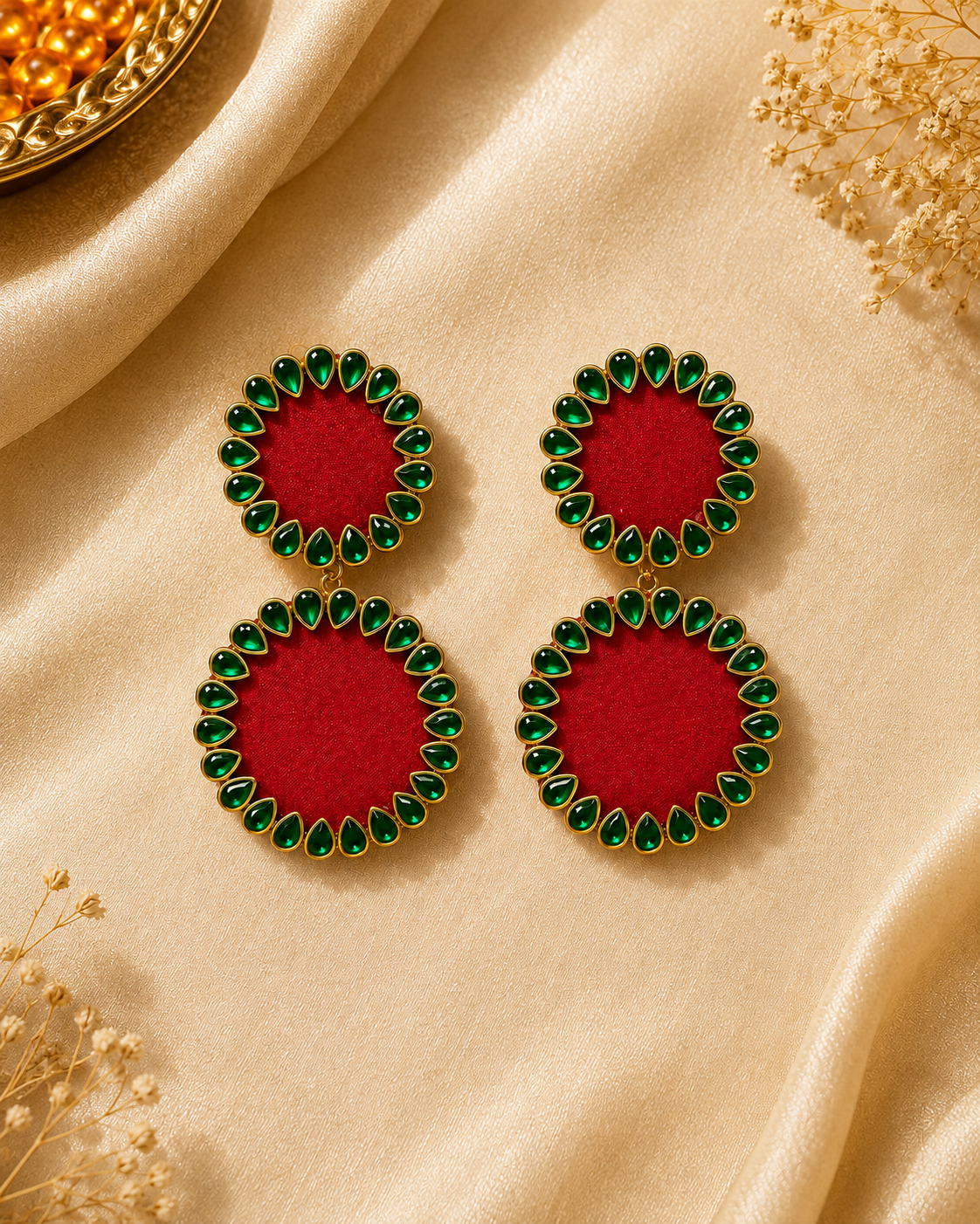 Red & Green Kundan Dual Disc Earrings – Festive Jewellery