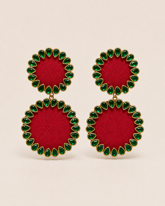Red & Green Kundan Dual Disc Earrings – Festive Jewellery