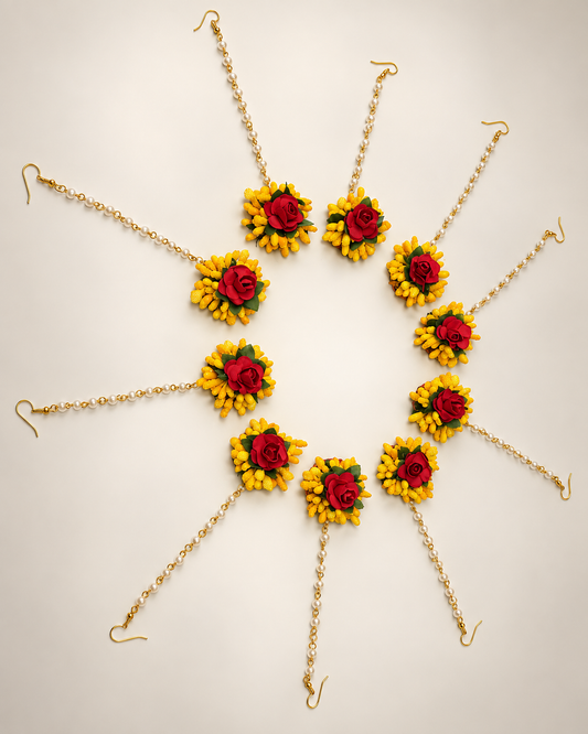 Yellow & Red Floral Maang Tikka Set of 10