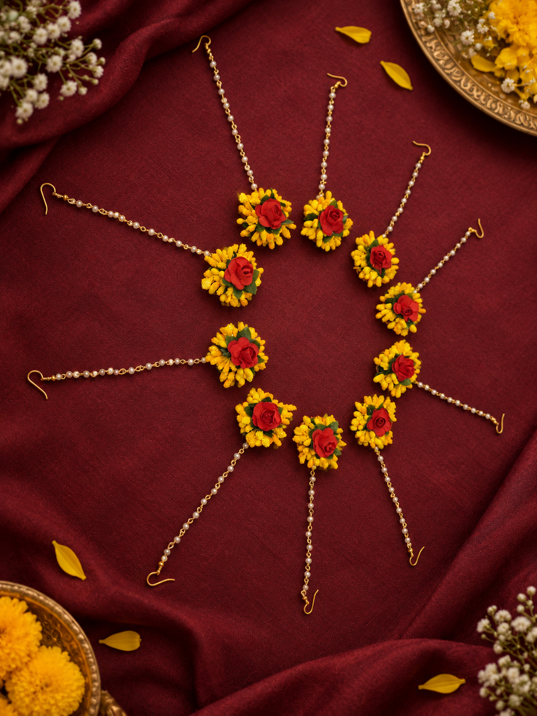 Yellow & Red Floral Maang Tikka Set of 10