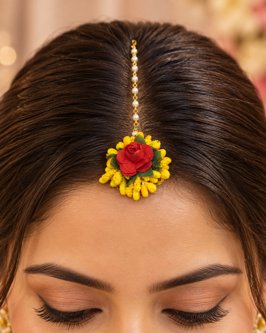 Yellow & Red Floral Maang Tikka Set of 10