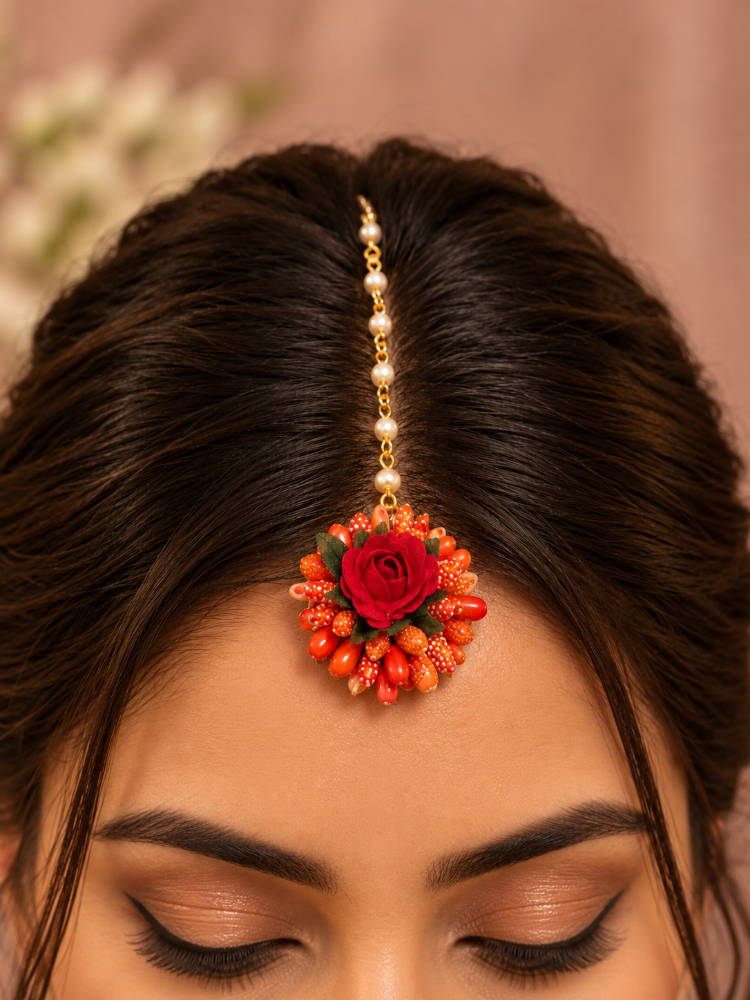 Red Floral Maang Tikka Set of 10