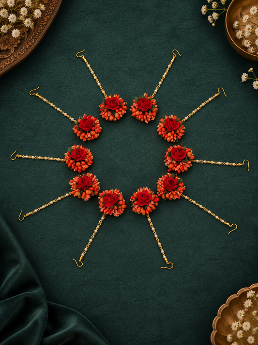 Red Floral Maang Tikka Set of 10