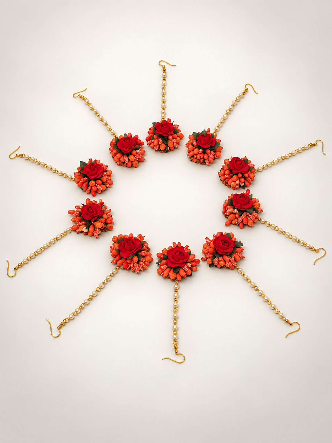 Red Floral Maang Tikka Set of 10