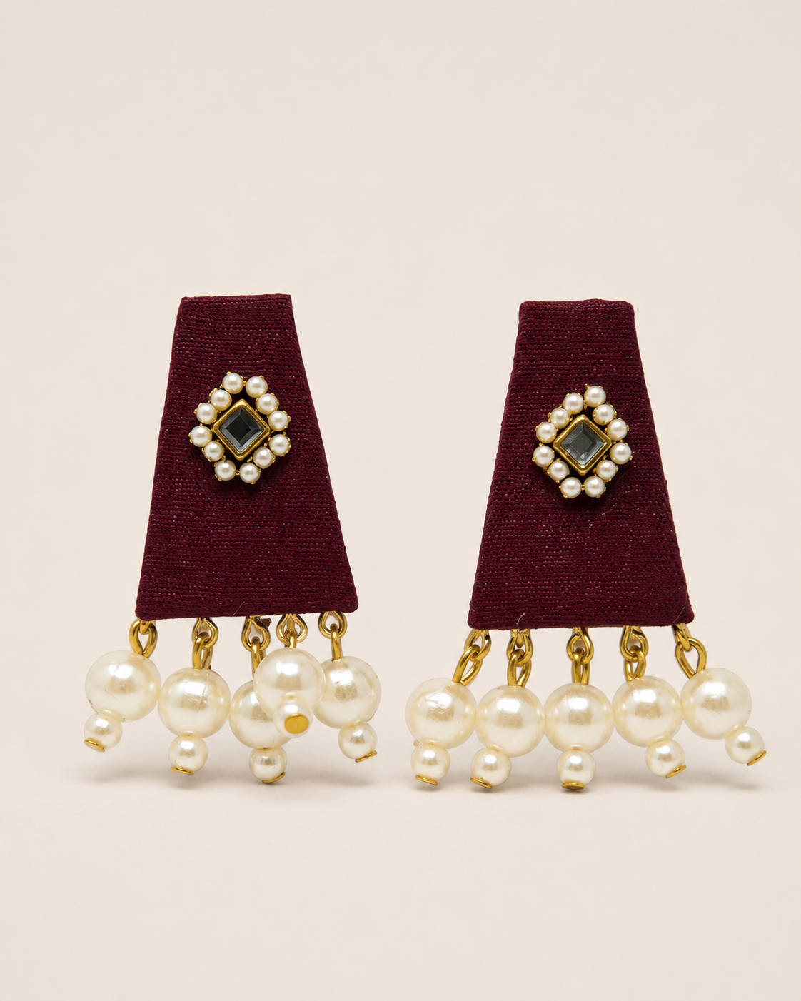 Maroon Kundan Earrings with Pearl Tassels – Fabric Jhumka