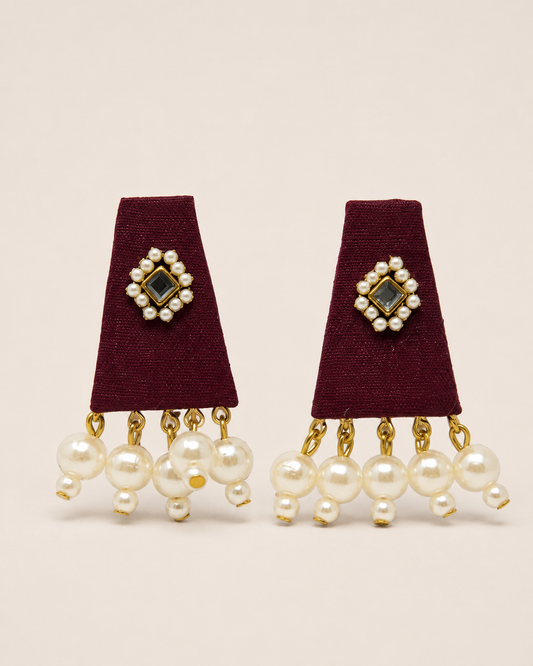Maroon Kundan Earrings with Pearl Tassels – Fabric Jhumka