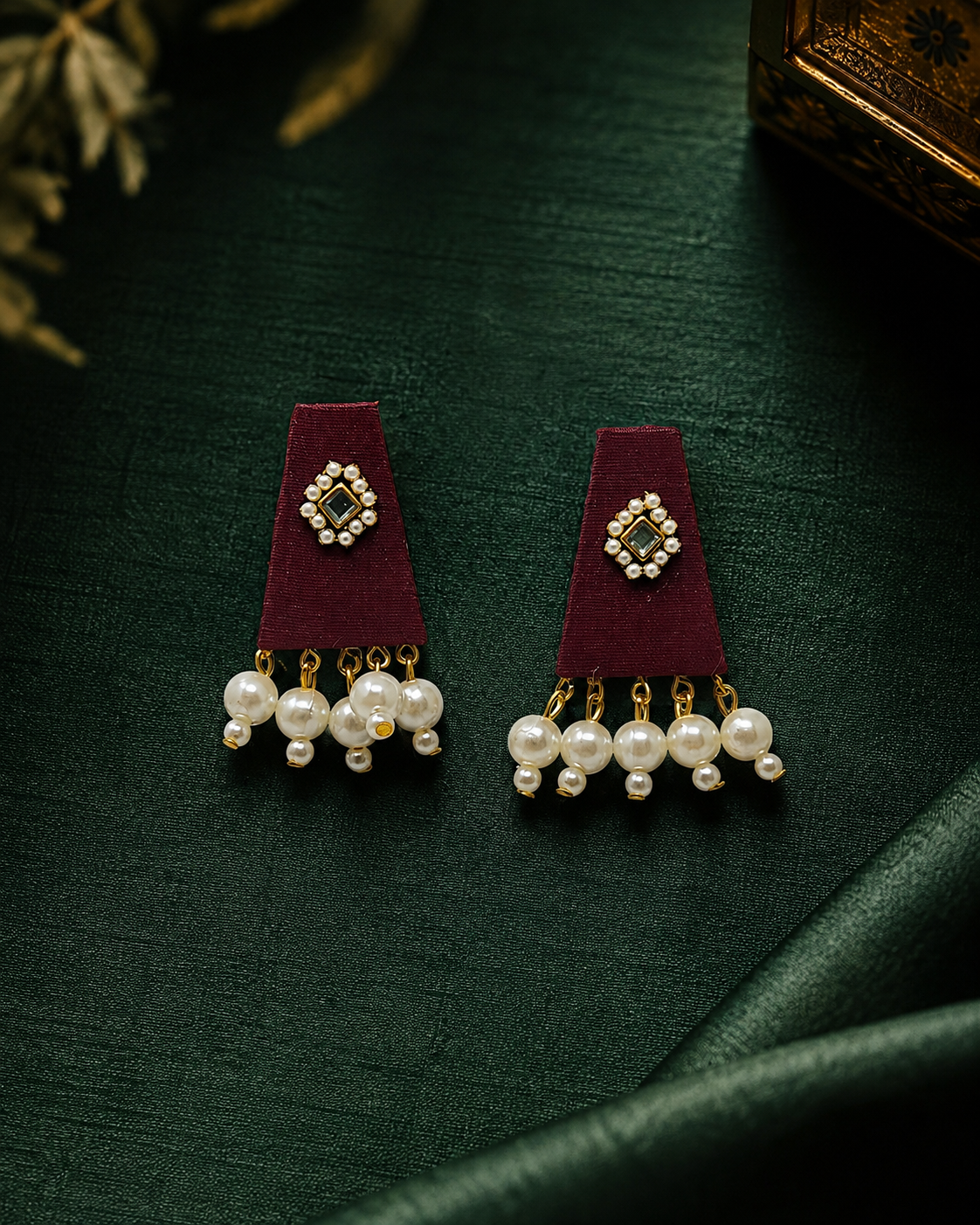 Maroon Kundan Earrings with Pearl Tassels – Fabric Jhumka