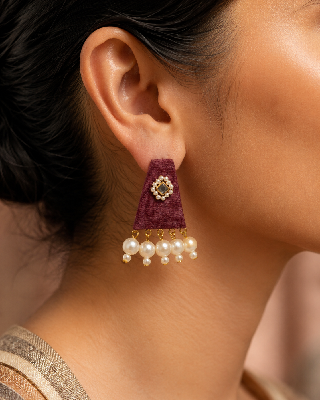 Maroon Kundan Earrings with Pearl Tassels – Fabric Jhumka
