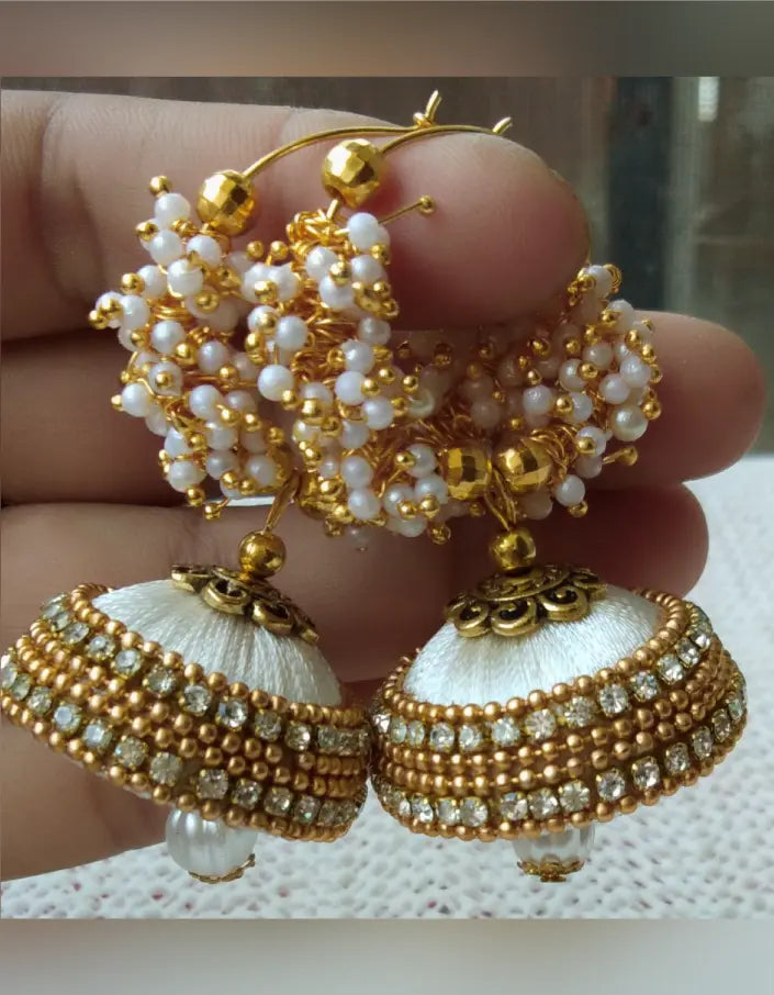 White colour chandbali silk thread jumka | Silk thread earrings, Thread  earrings, Silk thread
