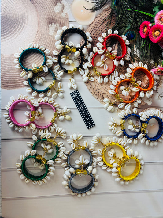 Festive Shell Bangles Combo – Set of 9 Multicolor Thread Bangles with Shell