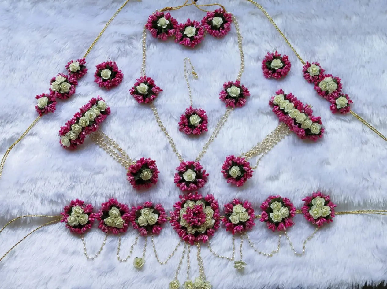 Dark Pink Flower Jewellery Set for Haldi and Baby Shower Saubhagyavati.in