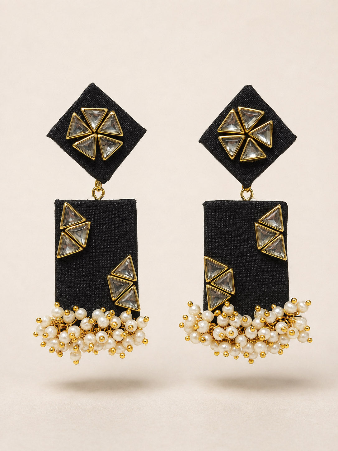 Black Kundan Geometric Earrings with Pearl Cluster Tassels